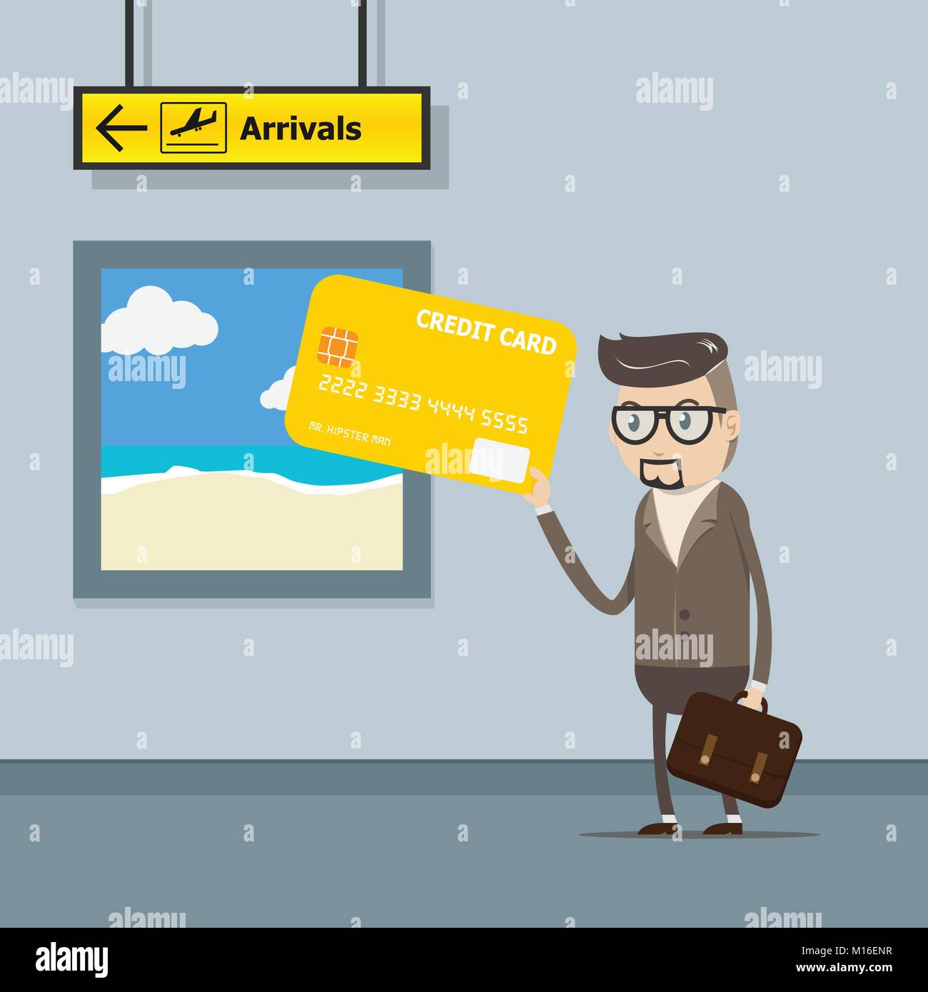 Illustration vecteur EPS10. businessman utiliser paiement par carte de crédit sur le voyage retour à l'aéroport avec départ signe. hand holding credit card. Illustration de Vecteur