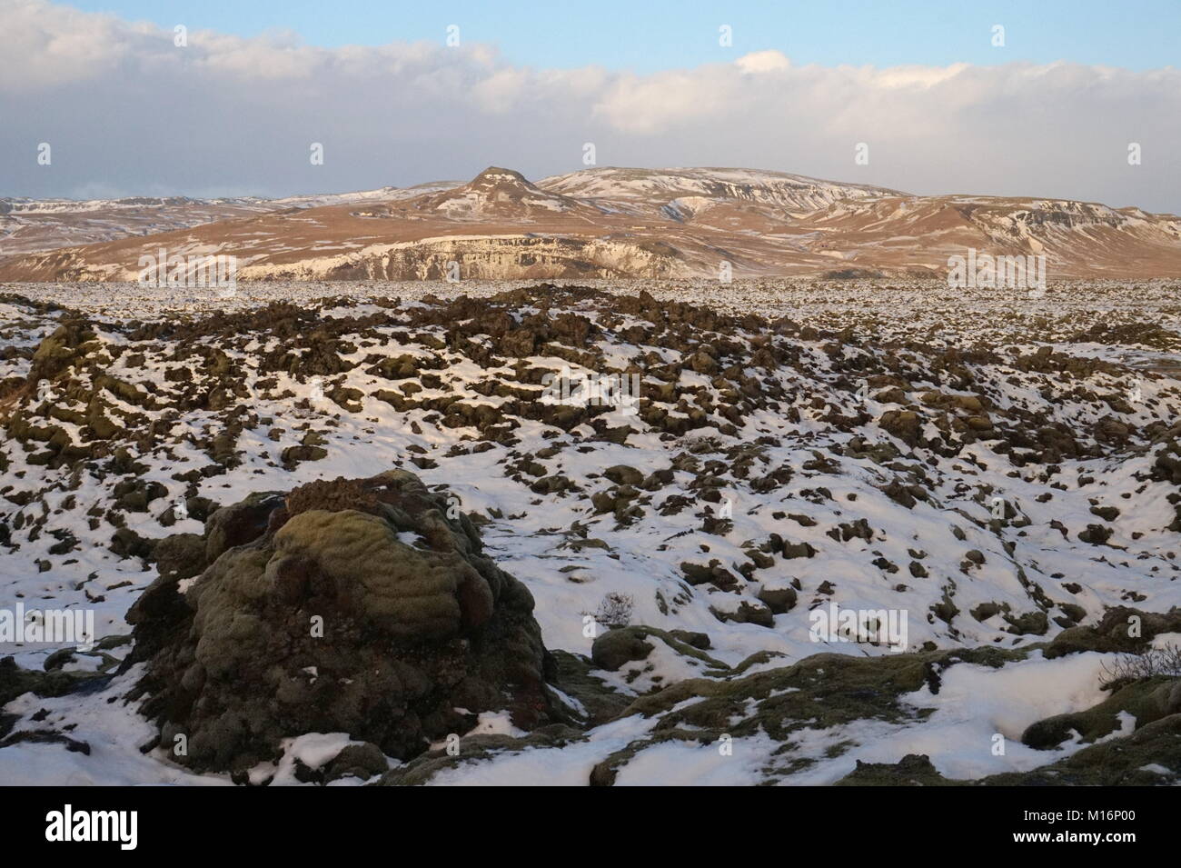 Un champ de lave sur la côte sud de l'Islande avec la neige, la glace, les pierres et la mousse. Banque D'Images