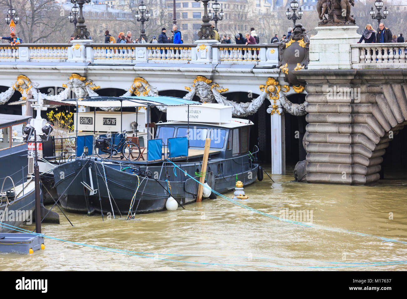 Paris, France, 27 Jan 2018. Les inondations de Paris. La seine devrait atteindre son apogée entre samedi après-midi et tôt le dimanche matin. Alors que l'inondation à l'échelle de l'agence retour prédictions que inondations à haut ceux de 2016, les niveaux étaient encore devraient atteindre jusqu'à 6 mètres (19,7 pieds), causant de graves problèmes pour ceux qui vivent près des rives de la rivière. Credit : Imageplotter News et Sports/Alamy Live News Banque D'Images Paris, France, 27 Jan 2018. Les inondations de Paris. La seine devrait atteindre son apogée entre samedi après-midi et tôt le dimanche matin. Alors que l'inondation à l'échelle de l'agence retour prédictions que inondations à haut ceux de 2016, les niveaux étaient encore devraient atteindre jusqu'à 6 mètres (19,7 pieds), causant de graves problèmes pour ceux qui vivent près des rives de la rivière. Credit : Imageplotter News et Sports/Alamy Live News Banque D'Images