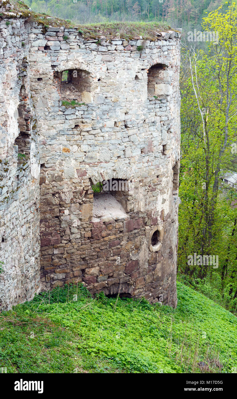 Jazlovets printemps château ruines, District de Boutchatch, Ternopil Région, l'Ukraine. Il a été construit à partir de la 14e à la 17e siècle. Banque D'Images