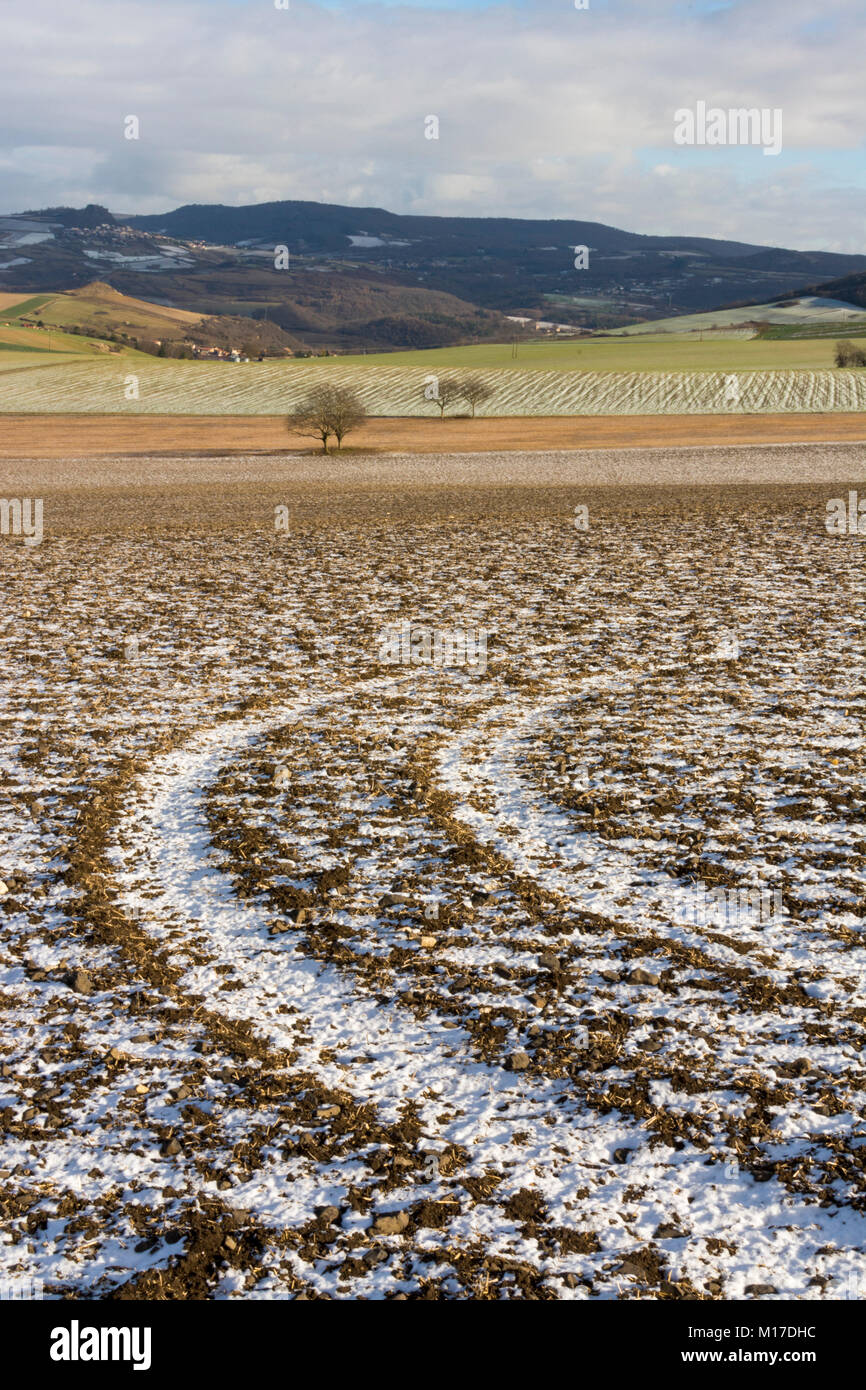 Les traces de pneus dans un champ d'hiver en Auvergne, France Banque D'Images