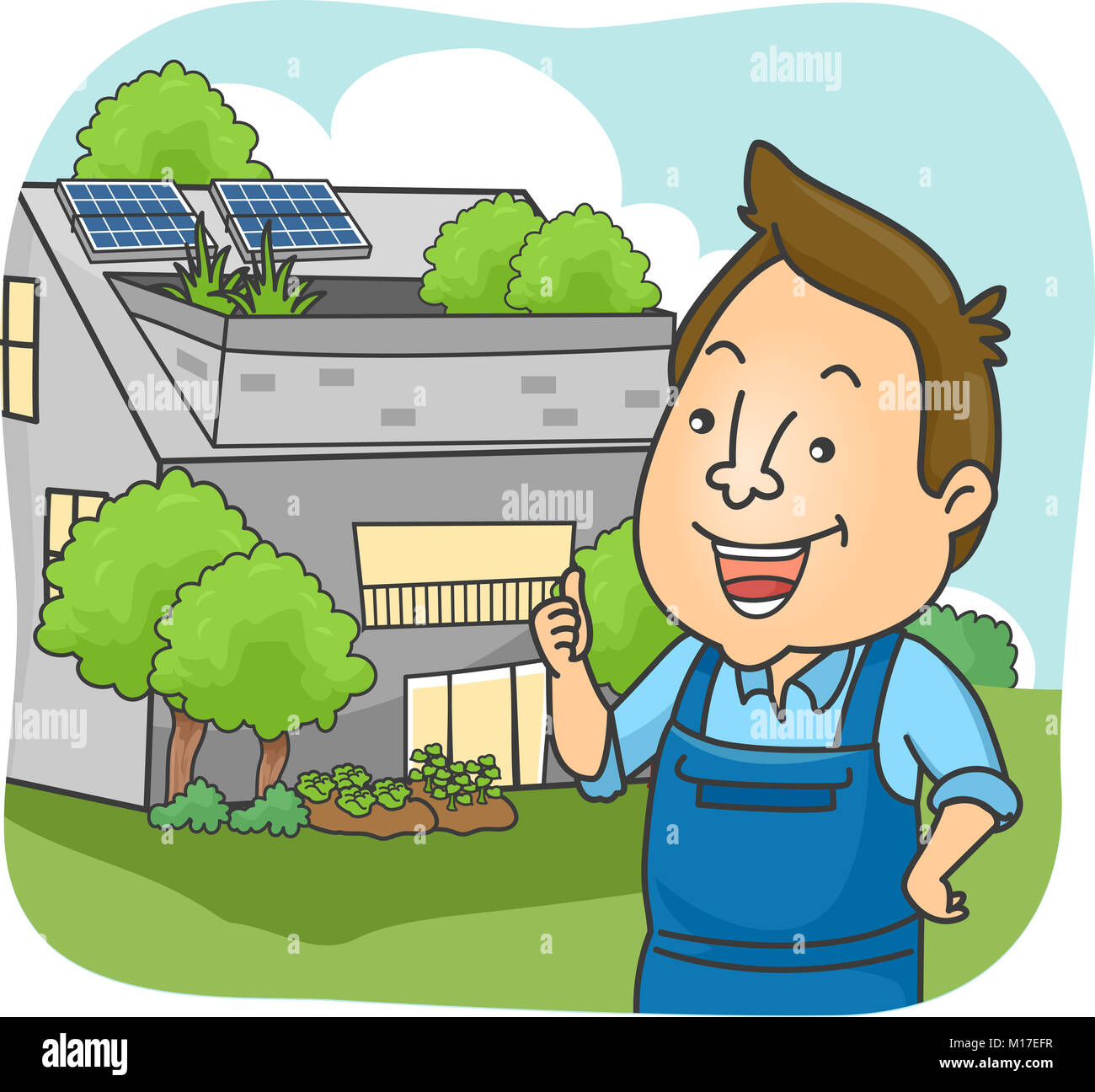 Illustration d'un homme en salopette montrant une maison en utilisant des panneaux solaires et des plantes vertes comme source alternative d'énergie et système de filtration Banque D'Images