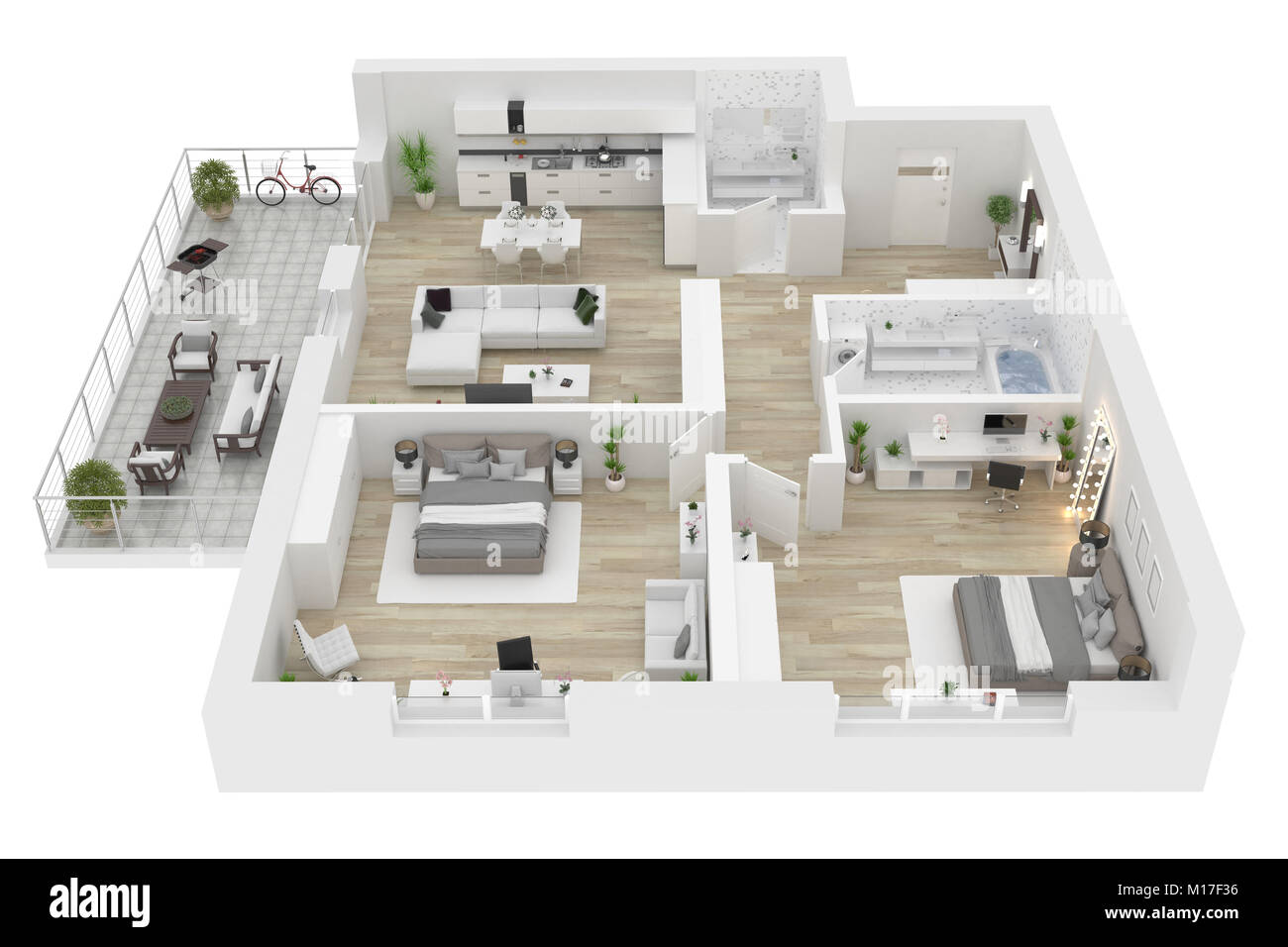 Plan du salon vue d'en haut. Intérieur appartement isolé sur fond blanc. 3D render Banque D'Images