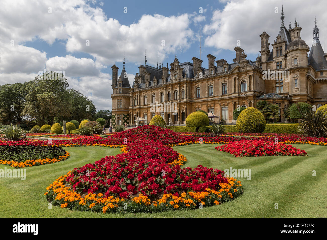 Le parterre à Waddesdon Manor en pleine floraison dans elle est rouge, orange et noir système de plantation. Banque D'Images