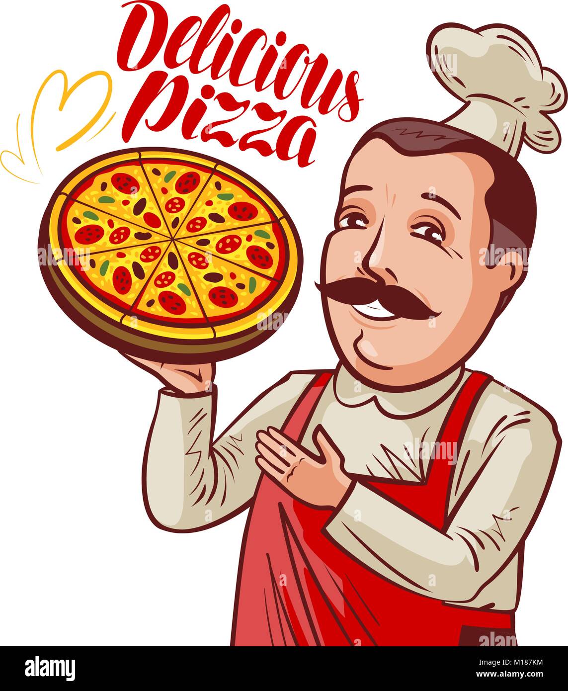 Chef de pizza dans la main. Pizzeria, fast food concept. Cartoon vector illustration Illustration de Vecteur