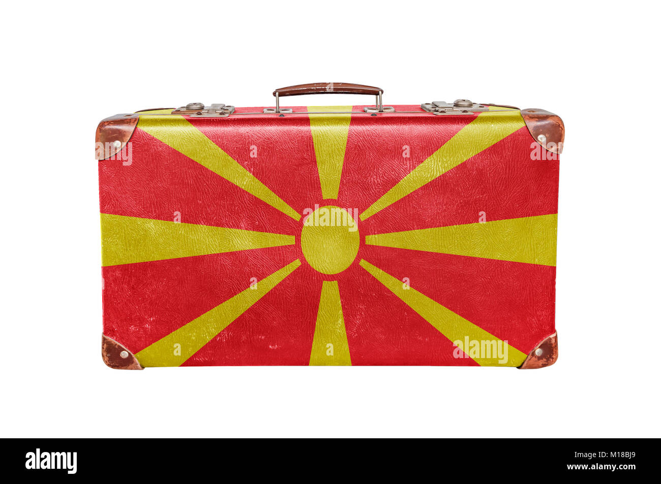 Vintage suitcase avec drapeau Macédoine isolé sur fond blanc Banque D'Images