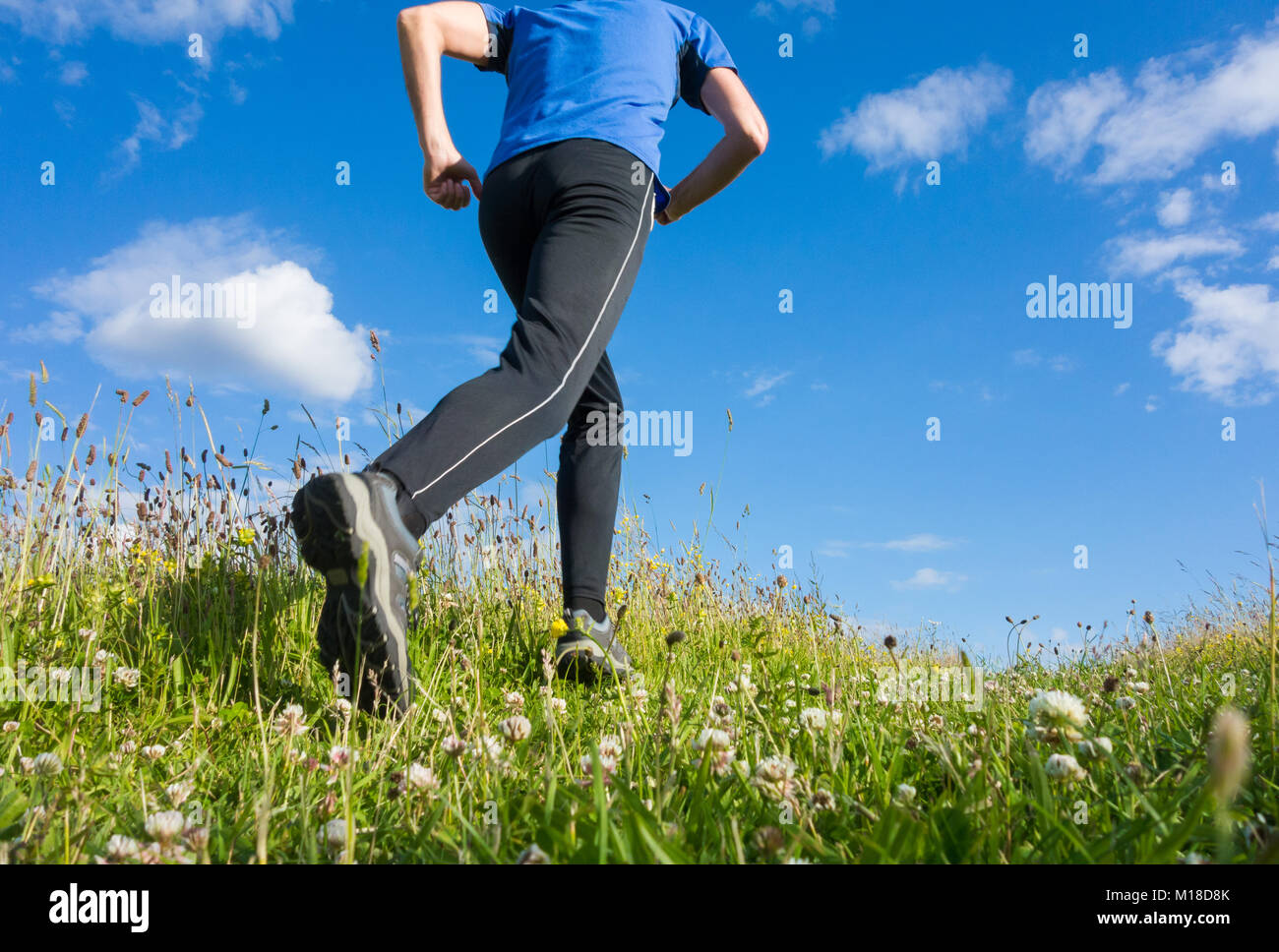 Low angle view of man running uphill sur le sentier à travers la prairie de fleurs sauvages. Banque D'Images