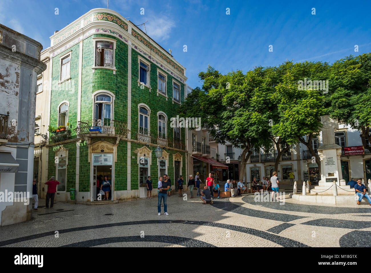 Place Praça Luis de Camoes dans la vieille ville de Lagos, Algarve, Portugal, Banque D'Images