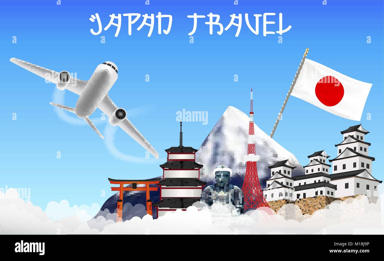 Japon voyage avec avion et monument historique Illustration de Vecteur