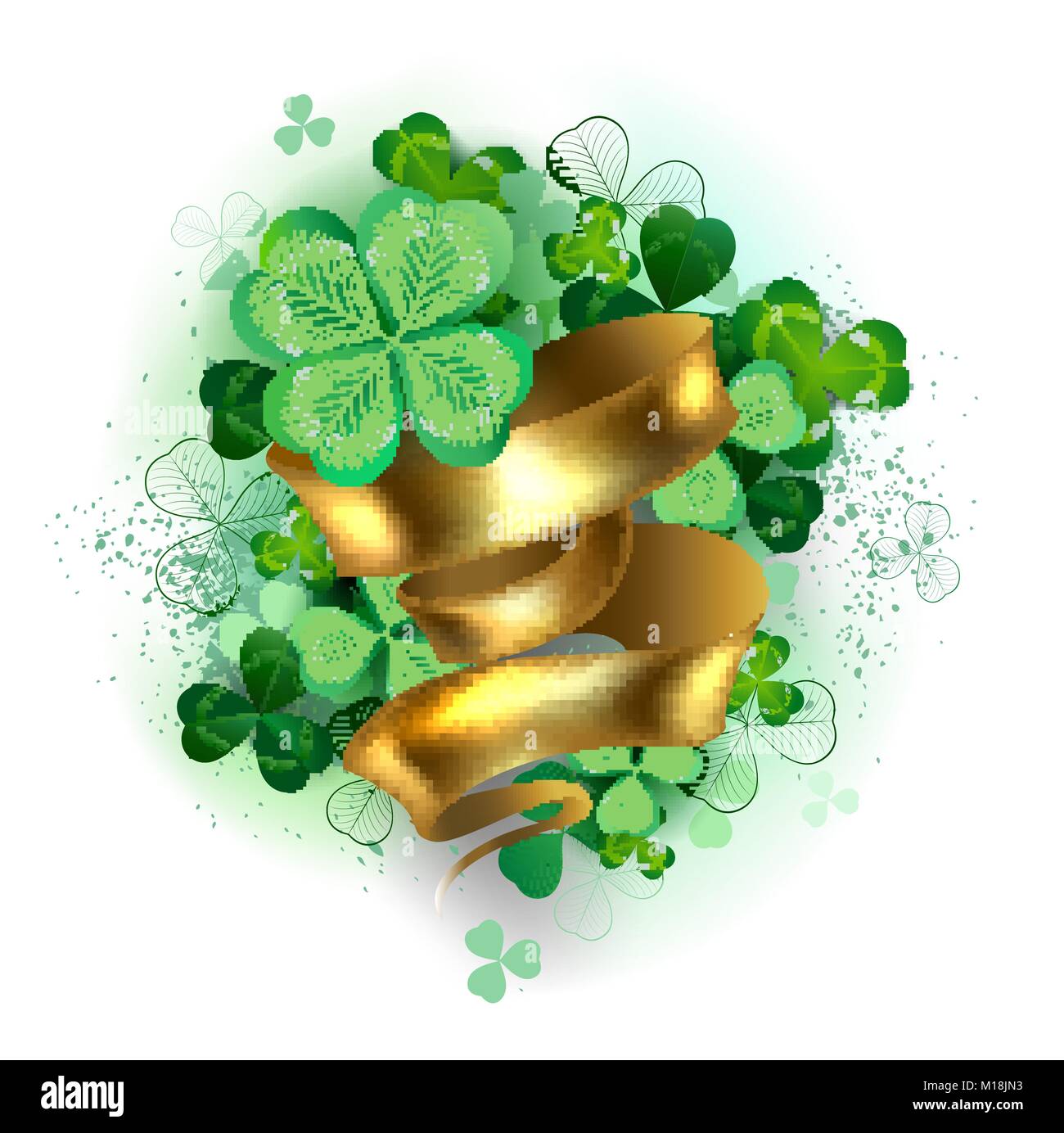 Trèfle à quatre feuilles vert avec un ruban d'or sur un fond blanc. Jour de saint Patrick. Illustration de Vecteur