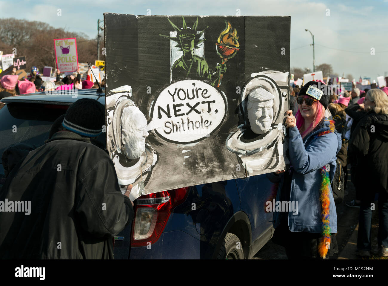 Chicago, IL - 20 janvier 2018 - Marche des femmes a réuni des personnes qui protestaient contre l'inégalité dans divers problèmes sociaux. Banque D'Images