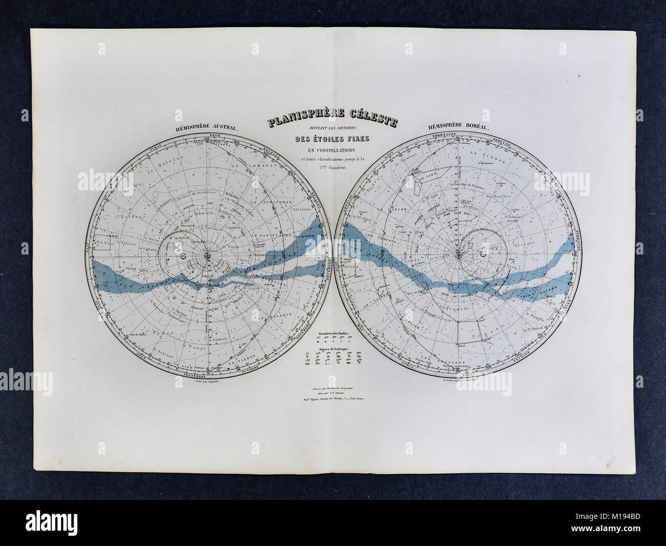 1877 Migeon Site Celestial Star Map dans les hémisphères nord et sud - Sky Voie Lactée Banque D'Images