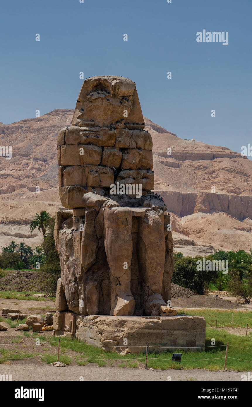 Le chant des statues de Memnon en Égypte. Les colosses de Memnon - deux énormes statues de pierre du pharaon Aménophis III Banque D'Images