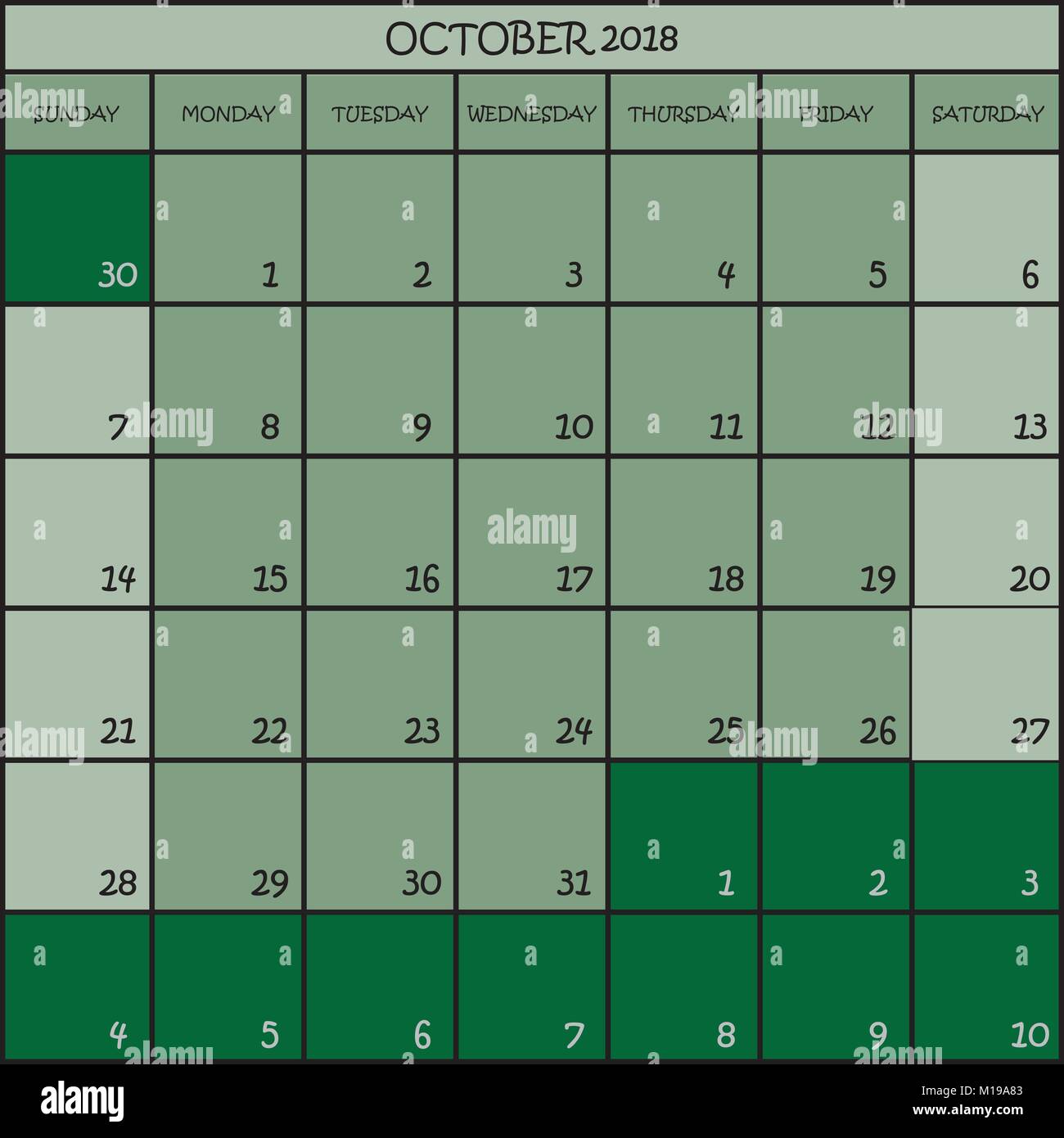 Octobre 2018 Planificateur de calendrier sur trois nuances de vert fond couleur Illustration de Vecteur