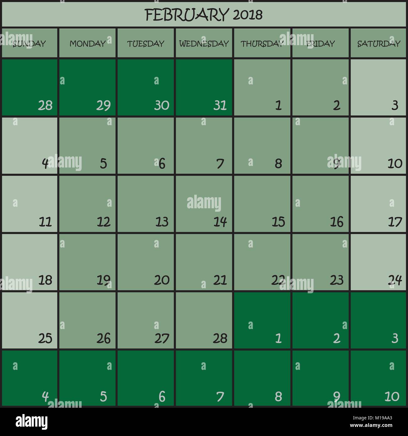 Planificateur de calendrier MOIS FÉVRIER 2018 sur trois nuances de vert fond couleur Illustration de Vecteur
