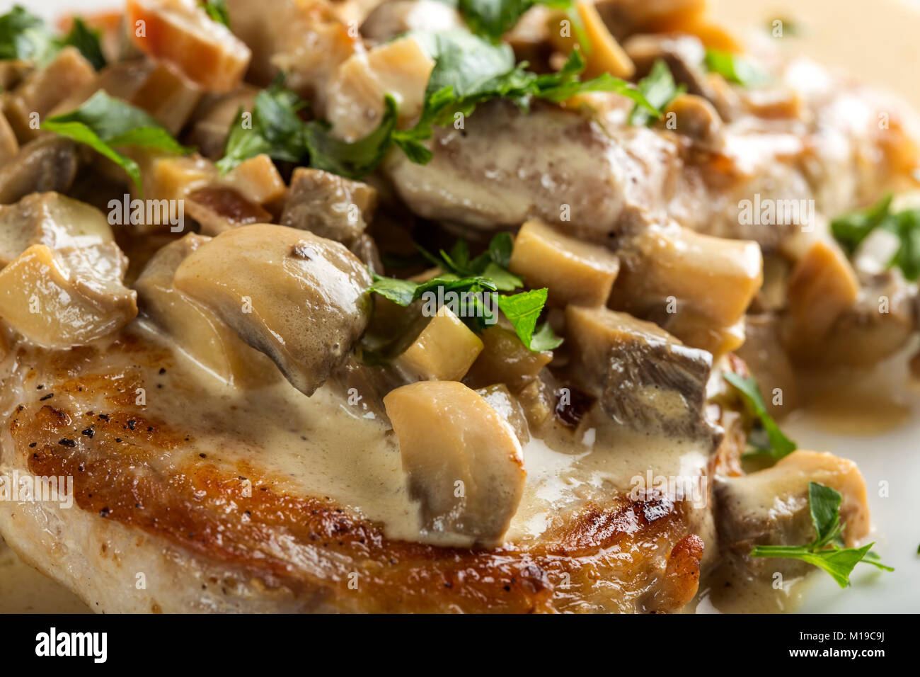 Close up de surlonge de porc avec sauce blanche faite à partir de crème sure et de champignons avec le persil Banque D'Images