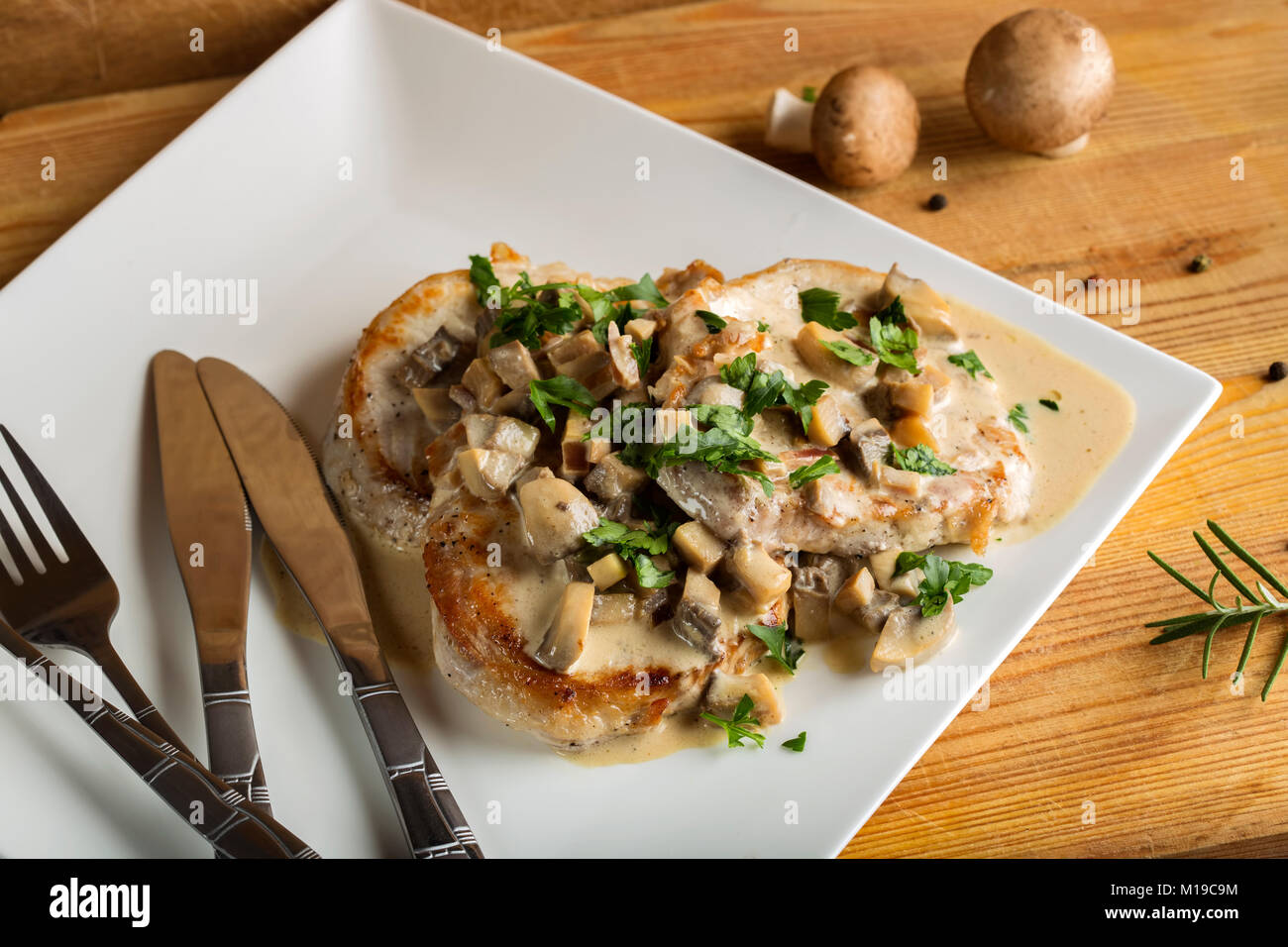 Surlonge de porc avec sauce blanche faite à partir de crème sure et de champignons avec deux couteaux et fourchettes Banque D'Images