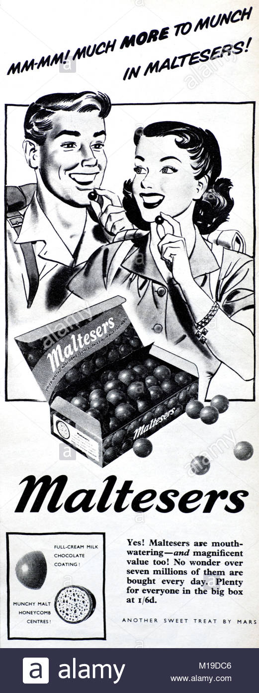 Chocolats Maltesers publicité vintage 1954 Banque D'Images