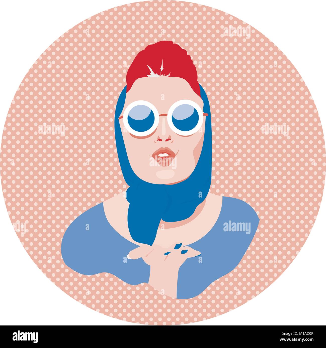 Glamour rétro Sexy girl à lunettes et foulard kiss lips, scénario, annonces de bannière promo, affiche, sticker, bleu-rouge en pointillés sur l'illustration retour Illustration de Vecteur