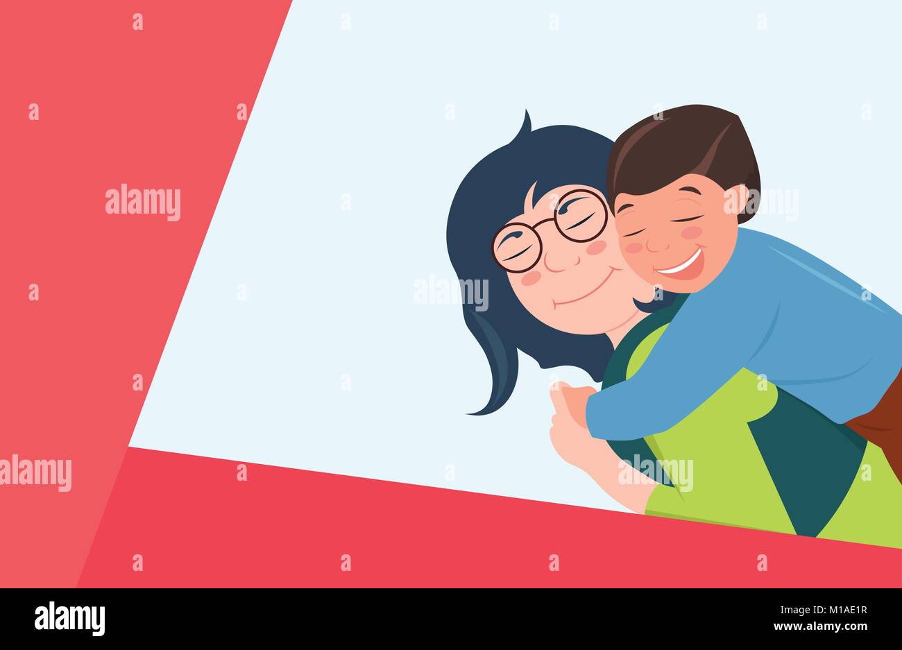 Caucasian Family relations. Mother hugging son fils. Ils rient. Illustration de Vecteur