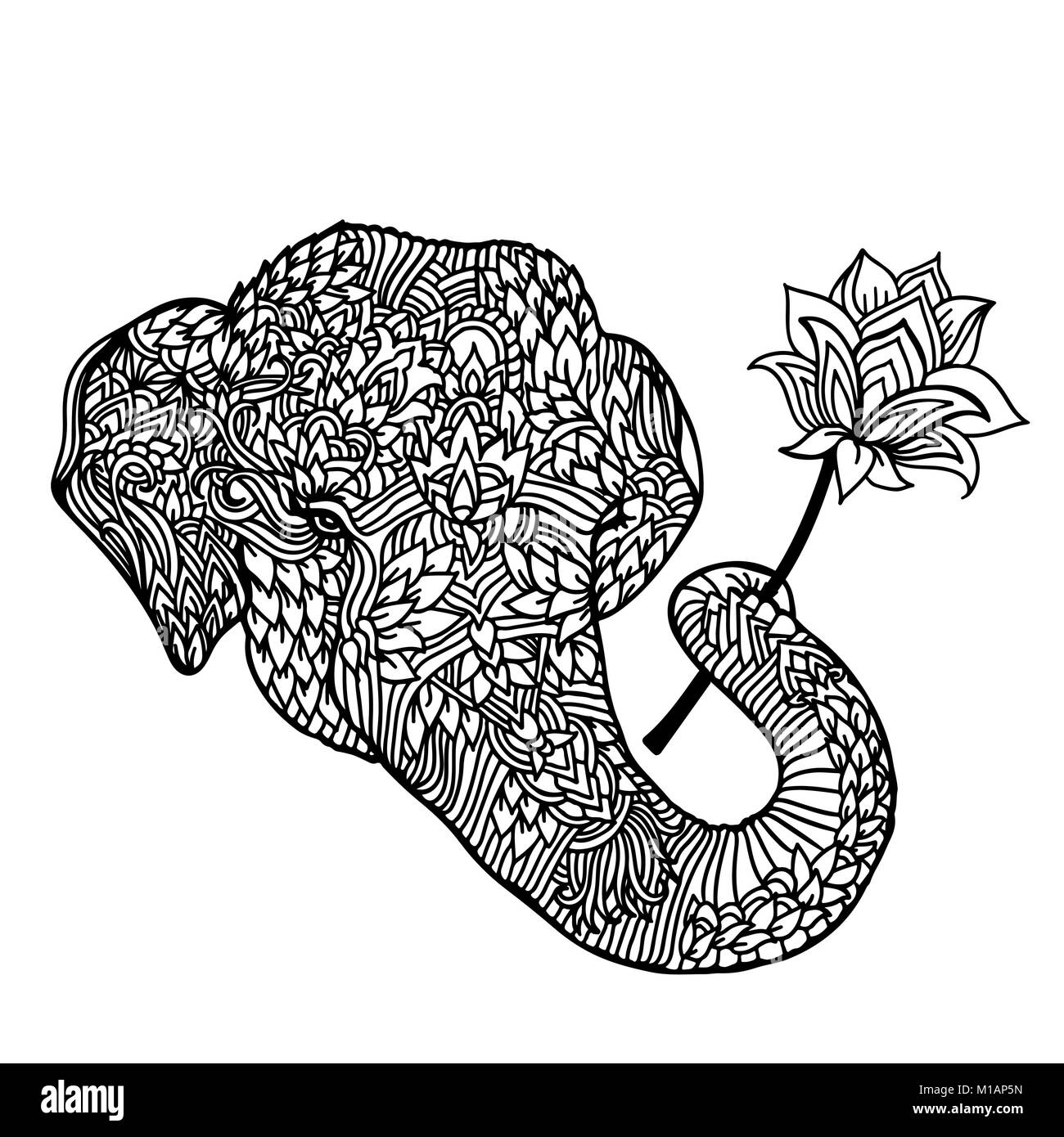 Portrait d'un éléphant avec une fleur de lotus de style asiatique. Modèle de Mandala à colorier pour les adultes. Vector illustration noir et blanc. Illustration de Vecteur