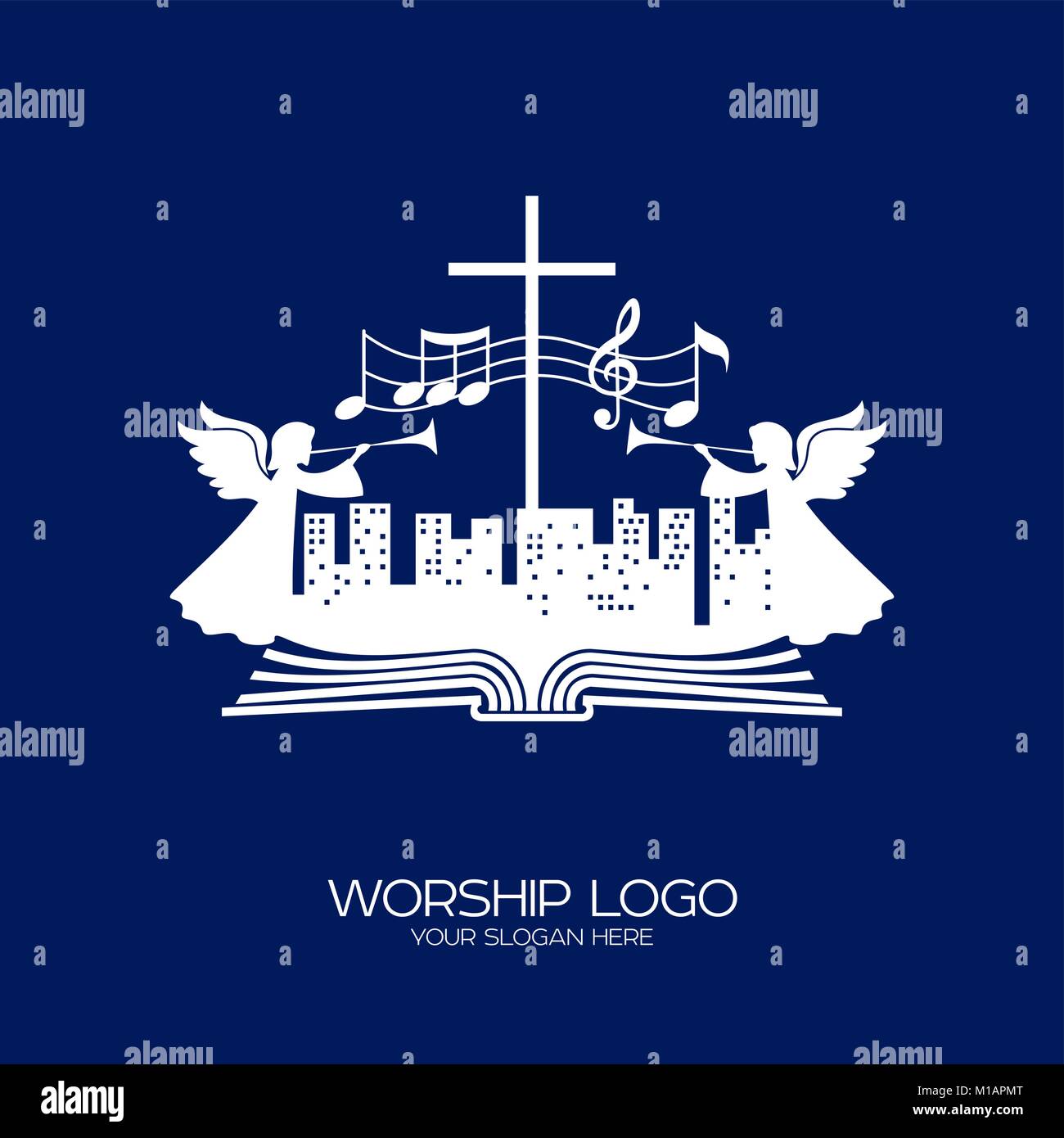 Logo de la musique. Symboles chrétiens. Les gens de toutes les nations et nationalités de chanter une chanson d'adoration de Dieu. Illustration de Vecteur