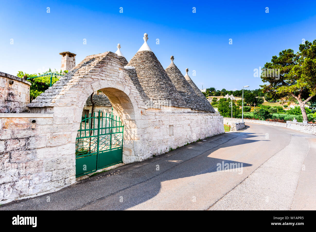 Bari, Italie, Pouilles. Des bâtisses maisons aux toits coniques. Trullo, trulli traditionnels des Pouilles, une cabane en pierre sèche avec un toit conique en Albero Banque D'Images