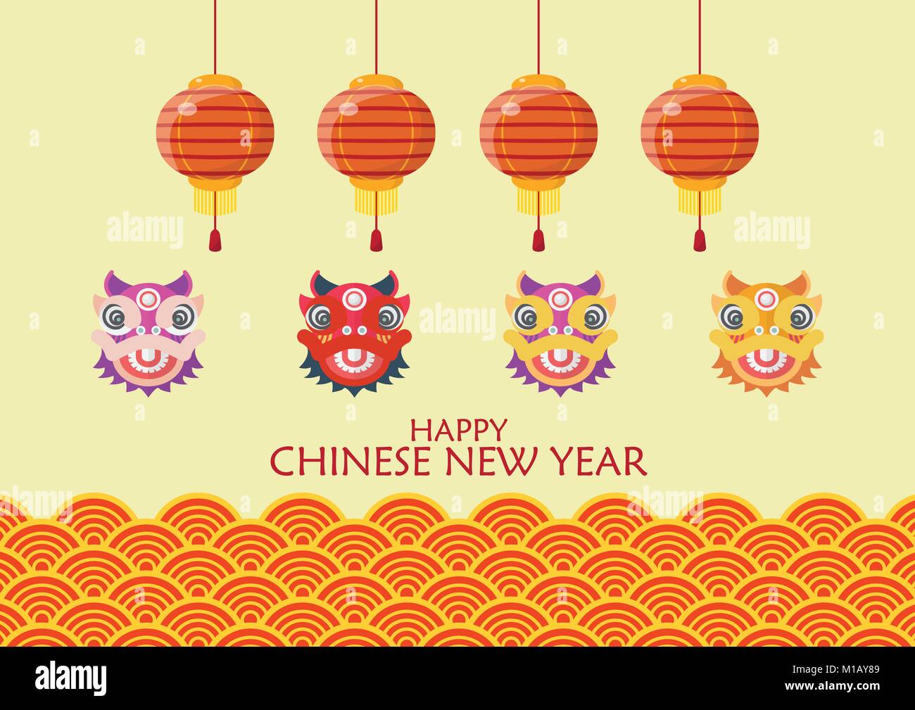 Joyeux Nouvel An chinois avec la danse des lions et des lanternes. Fond d'ondes traditionnelles. Vector illustration Illustration de Vecteur