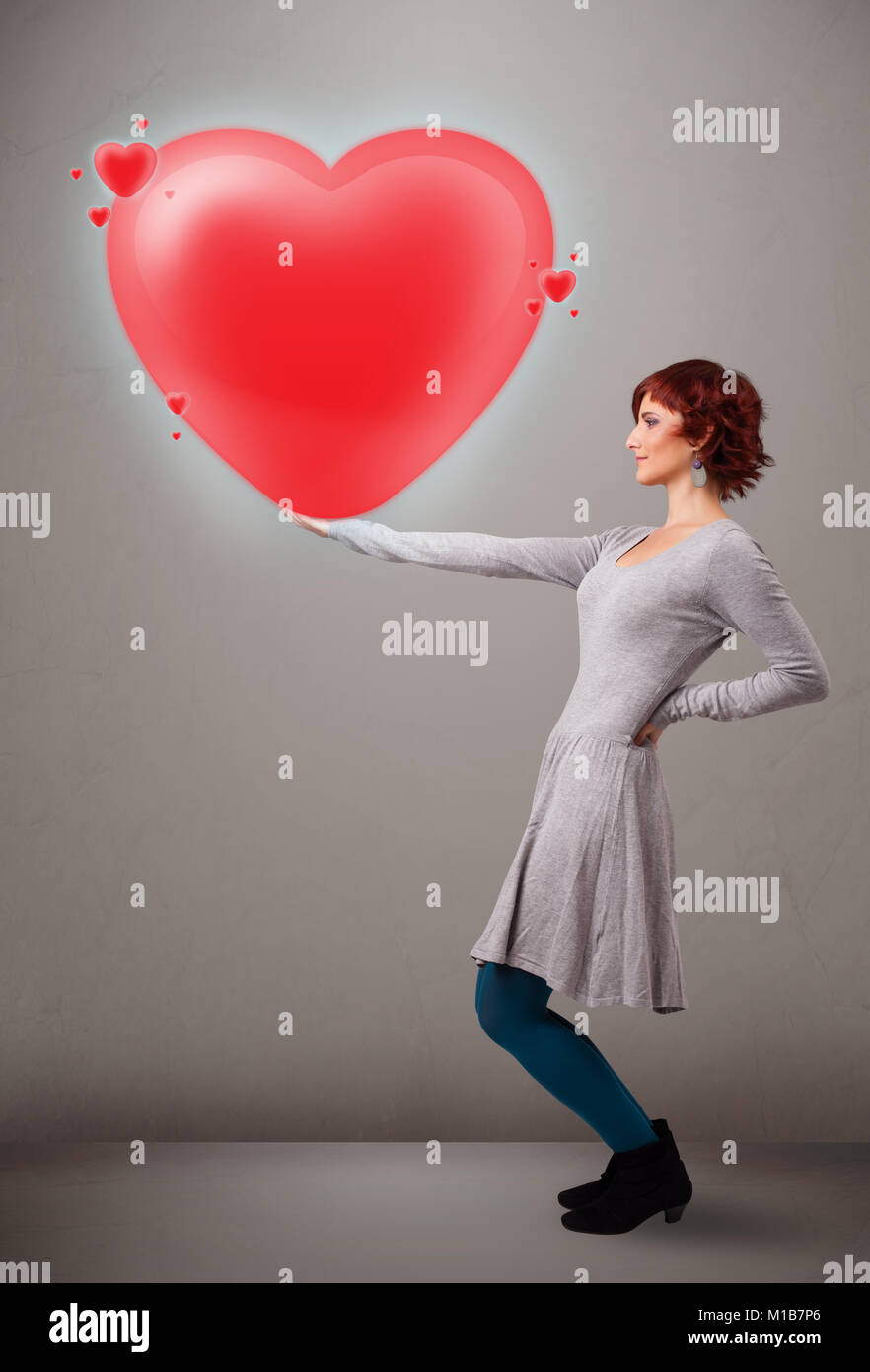 Belle Jeune Fille Tenant Jolie Coeur Rouge 3d Photo Stock Alamy