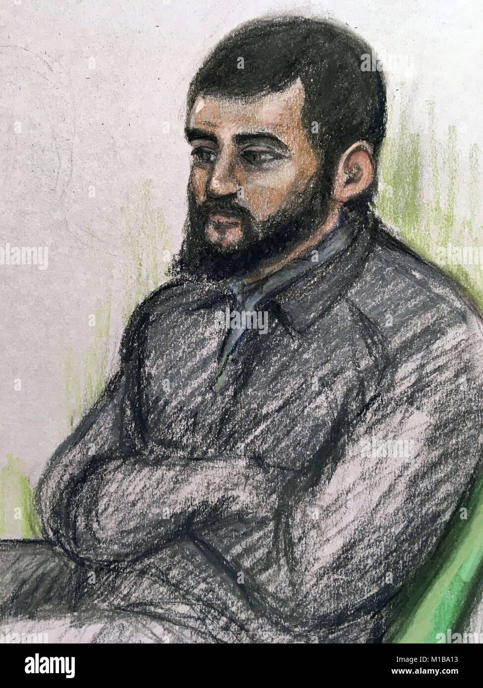 Cour croquis d'artiste par Elizabeth Cook en date du 26/01/18 de d'Umar Haque comme il assister à l'Old Bailey, Londres, où il est à l'essai sur un présumé complot terroriste au Royaume-Uni. Banque D'Images