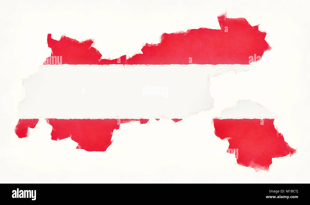 Tirol carte aquarelle avec drapeau national autrichien devant un fond blanc Banque D'Images