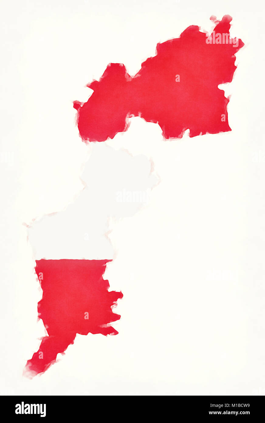 Carte avec aquarelle Burgenland drapeau national autrichien devant un fond blanc Banque D'Images