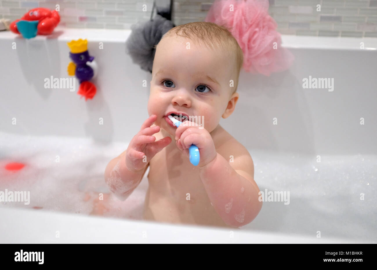 Jeune Fille De 14 Mois A Apprendre A Nettoyer Les Dents Avec Une Brosse A Dents Dans La Salle De Bain Photo Stock Alamy