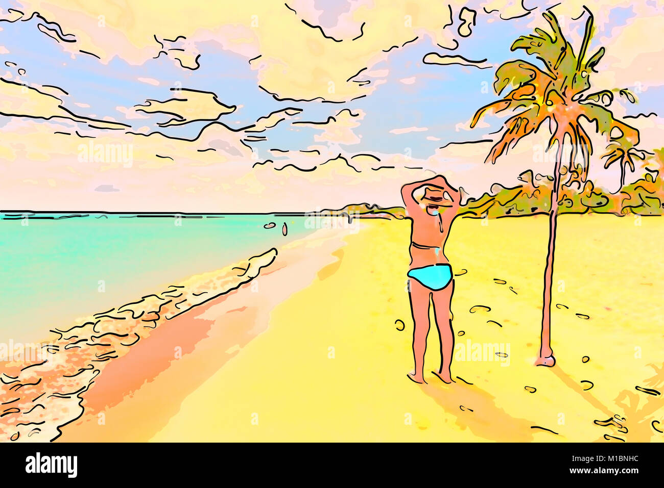 Femme en maillot de bain, debout sur le sable jaune sur l'océan bleu azur plage avec ciel bleu avec des nuages, près de l'arbre de noix de coco verte Banque D'Images