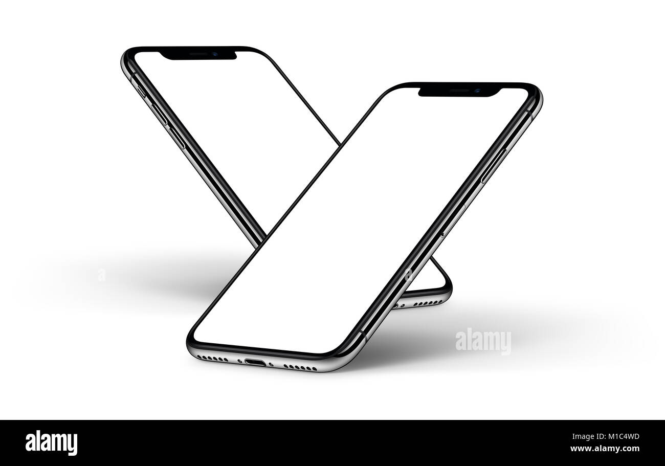 Maquette iPhone Smartphones X. L'un derrière l'autre face avant avec écran blanc. Banque D'Images