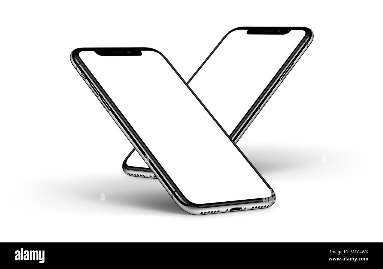 Maquette iPhone Smartphones X. L'un derrière l'autre face avant avec écran blanc. Banque D'Images