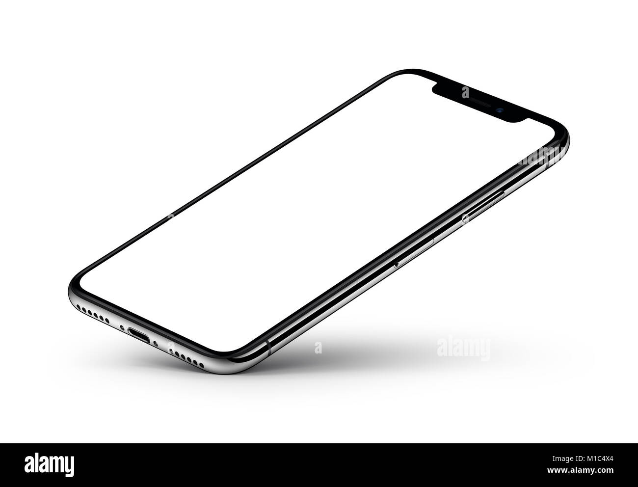 Smartphone iPhone X. vue Perspective immersive avec écran blanc repose sur un coin. Banque D'Images