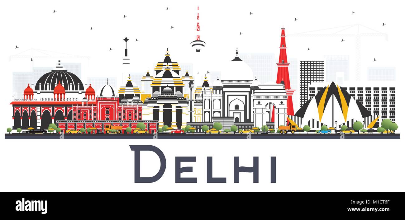 Delhi Inde Ville avec des bâtiments couleur isolé sur fond blanc. Vector Illustration. Les voyages d'affaires et tourisme Concept avec Arc Historique Illustration de Vecteur