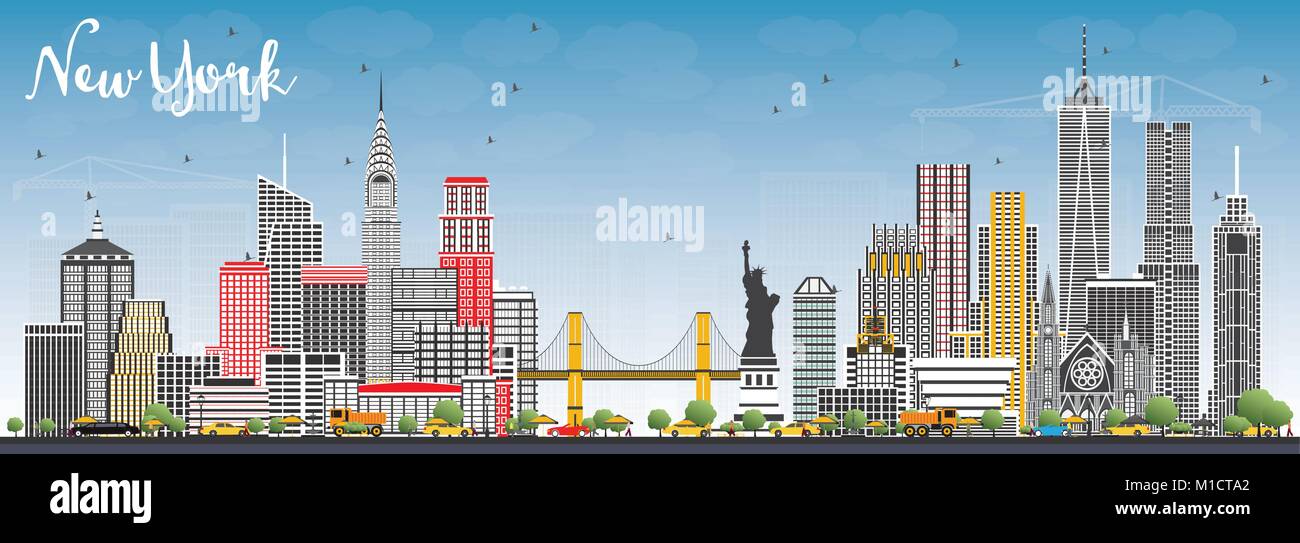 USA New York City Skyline avec gratte-ciel gris et bleu ciel. Vector Illustration. Les voyages d'affaires et tourisme Concept avec l'architecture moderne. Illustration de Vecteur