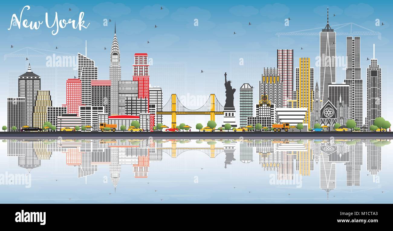 USA New York City Skyline avec bâtiments gris, ciel bleu et des réflexions. Vector Illustration. Les voyages d'affaires et tourisme Concept Illustration de Vecteur