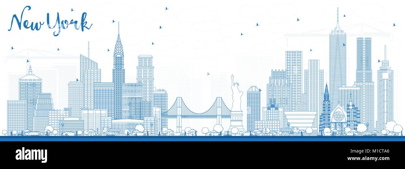 Contours, New York USA City Skyline bleu avec les bâtiments. Vector Illustration. Les voyages d'affaires et tourisme Concept avec l'Architecture Moderne Illustration de Vecteur