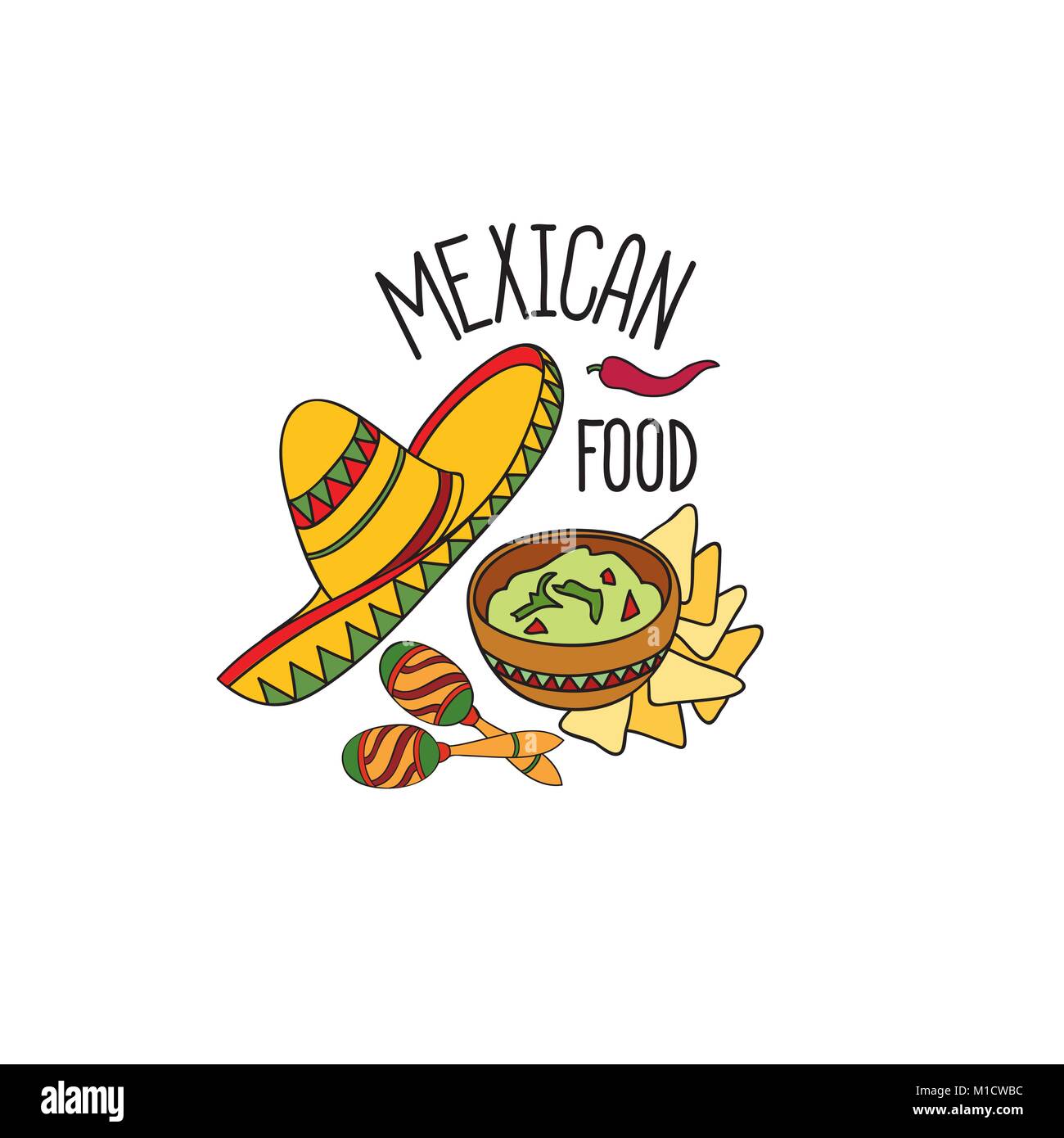 Symbole de l'alimentation mexicaine. Une cuisine nationale. Plat mexicain doodles signe. Instrument de musique avec des icônes de fast-food et sombrero chapeau. Illustration de Vecteur