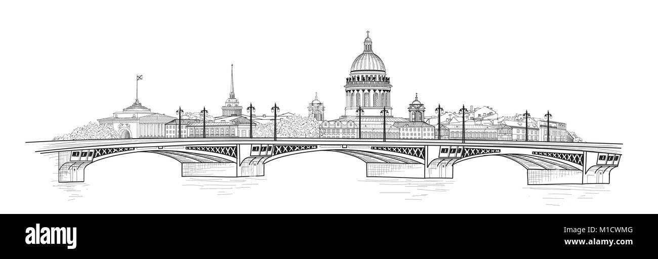 La ville de Saint-Pétersbourg, en Russie. La cathédrale Saint Isaac avec toits de bâtiment de l'Amirauté spire vue d'ossature et le pont, vue sur la rivière Neva. Ec russe Illustration de Vecteur