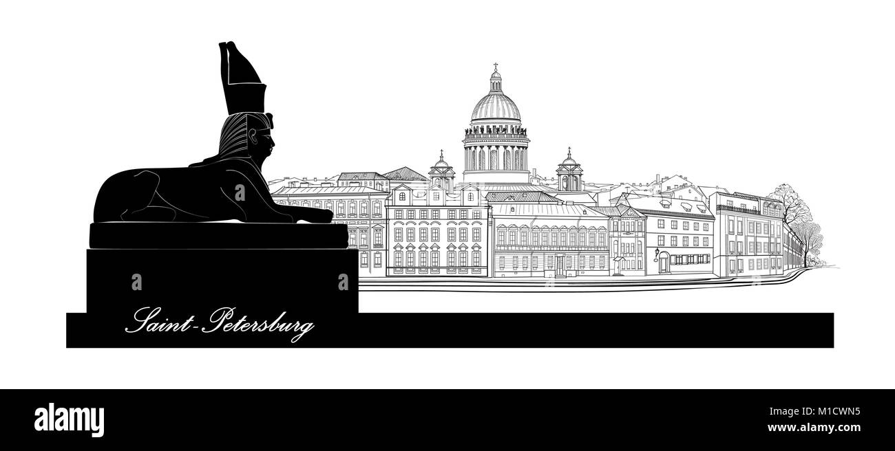 La ville de Saint-Pétersbourg, en Russie. La cathédrale Saint Isaac skyline avec Sphinx égyptien monument monument silhouette, vue sur la rivière Neva. Cityscape russe bac Illustration de Vecteur