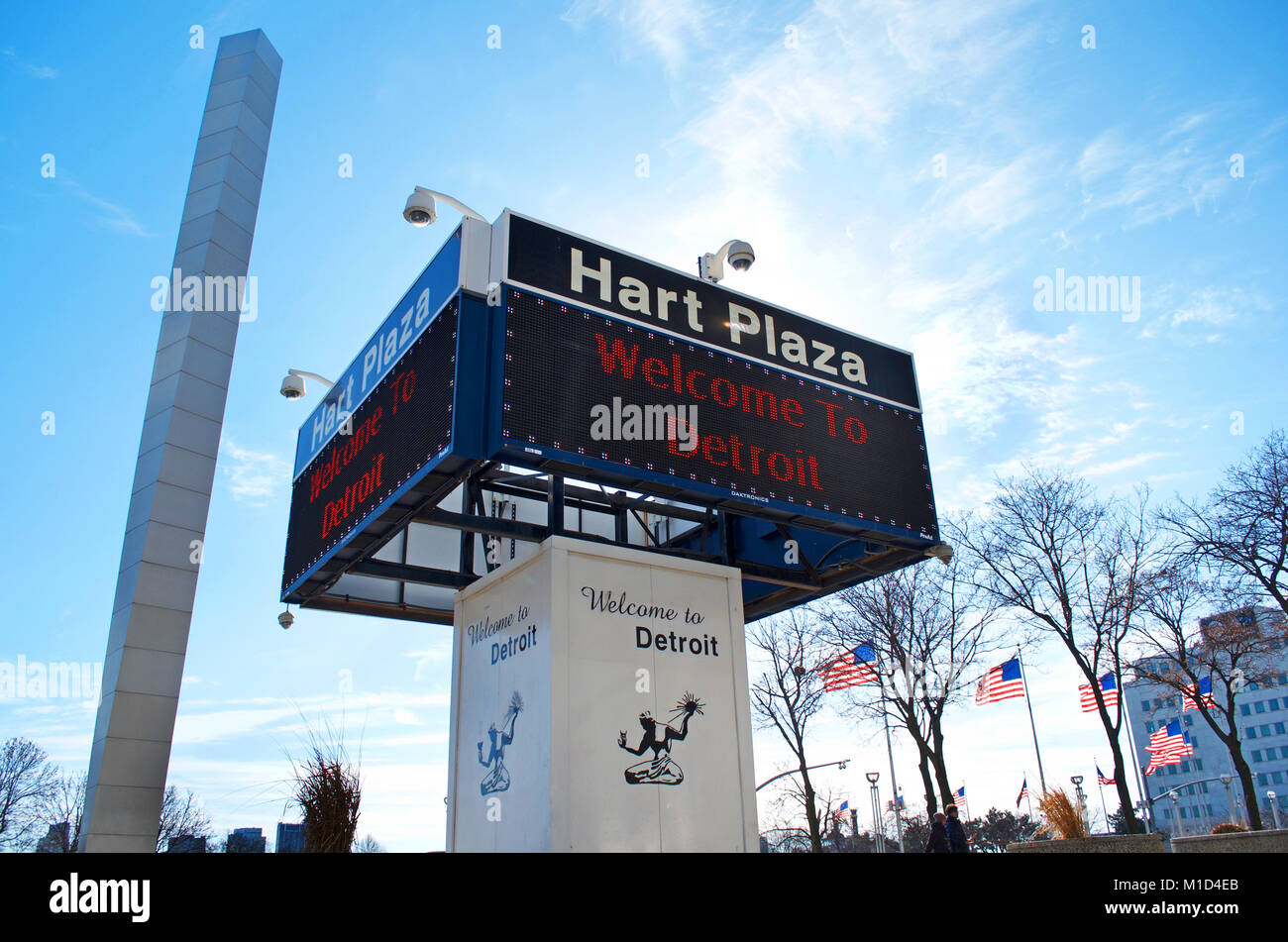 Bienvenue à Detroit signe électronique à Hart Plaza dans le centre-ville de Detroit Banque D'Images