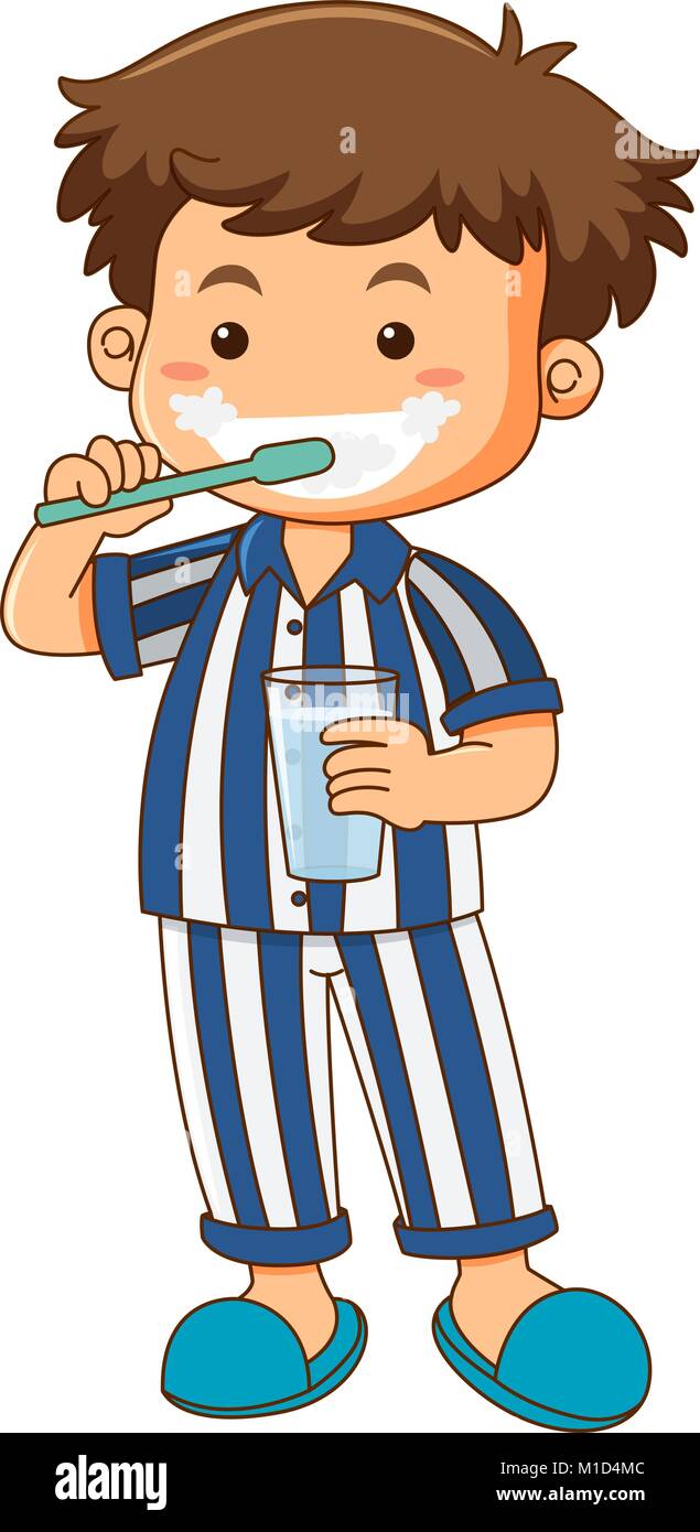 Garçon en pyjama se brosser les dents, illustration Illustration de Vecteur