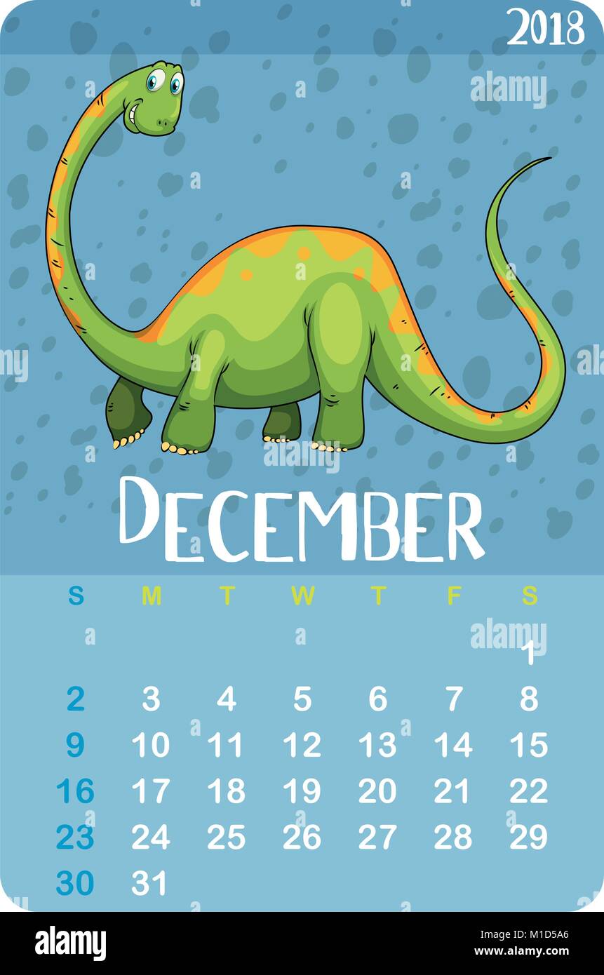 Modèle de calendrier pour décembre avec illustration dinosaure vert Illustration de Vecteur