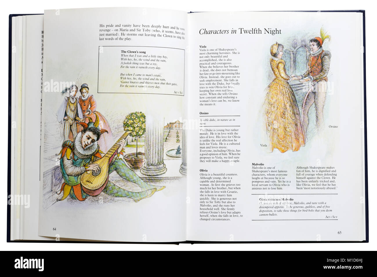 Un livre illustré de pièces de Shakespeare à ouvrir les caractères de la Douzième Nuit Banque D'Images