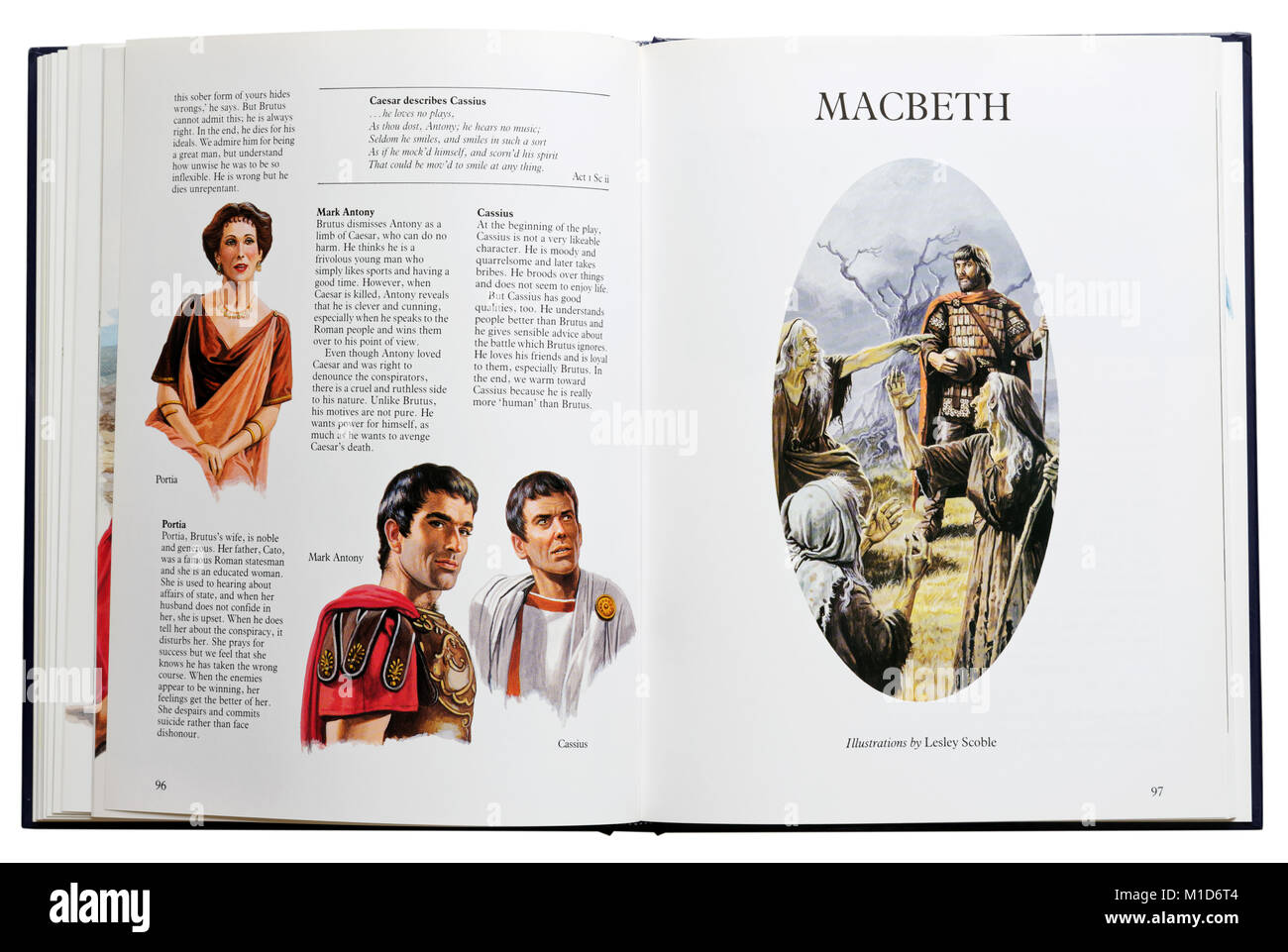 Un livre illustré de pièces de Shakespeare s'ouvrir à des caractères dans Jules César et Macbeth Banque D'Images
