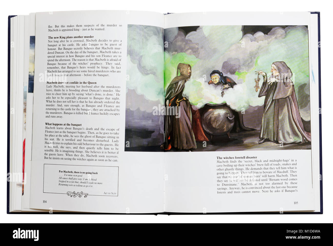 Un livre illustré de pièces de Shakespeare à ouvrir les trois sorcières de Macbeth Banque D'Images